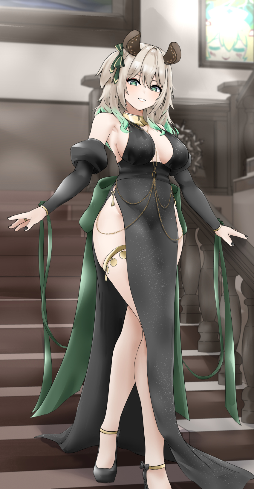 1girl absurdres aidoruhakase animal_ears armpits back_bow black_dress black_nails body_jewelry bow breasts breasts_apart brown_hair cleavage cocktail_dress detached_sleeves dress full_body gown gradient_hair green_bow green_eyes green_hair grin hair_bow high_heels highres indie_virtual_youtuber jewelry large_breasts long_dress looking_at_viewer medium_hair multicolored_hair nimi_nightmare on_stairs one_side_up ring side_slit smile solo standing tapir_ears tapir_girl teeth thigh_strap virtual_youtuber