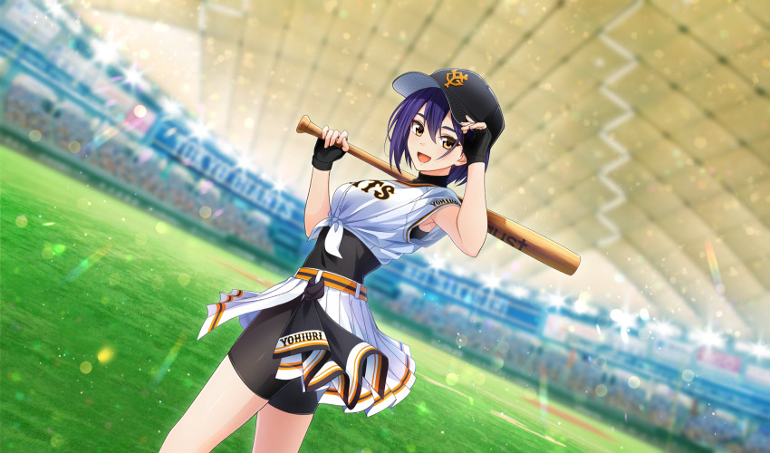 1girl :d adjusting_clothes adjusting_headwear baseball_bat baseball_cap baseball_stadium baseball_uniform bike_shorts_under_skirt black_gloves black_hat black_shorts black_undershirt blue_hair blurry cinderella_series dark_blue_hair depth_of_field dutch_angle facing_to_the_side film_grain fingerless_gloves from_side game_cg gloves hachigatsu_no_cinderella_nine hair_between_eyes hat highres holding holding_baseball_bat indoors lens_flare looking_at_viewer nippon_professional_baseball no_eyewear non-web_source official_art on_grass open_mouth pleated_skirt sakagami_mei shirt shirt_under_shirt short_hair short_sleeves shorts skirt smile solo sportswear standing tied_shirt tokyo_dome white_skirt yellow_eyes yomiuri_giants