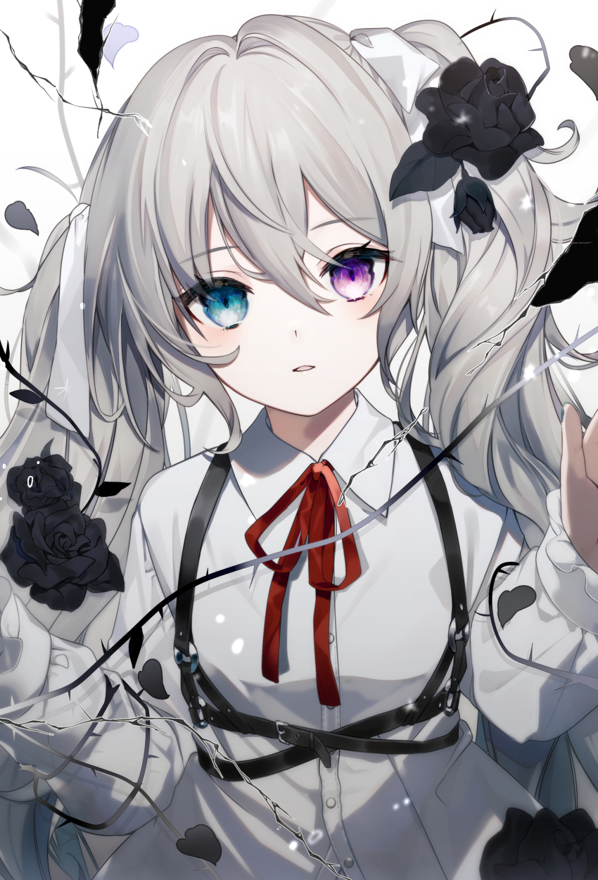 1girl 25-ji_miku absurdres black_flower black_rose blue_eyes blush collared_shirt commentary_request daimaou_ruaeru flat_chest flower grey_hair hair_between_eyes hair_flower hair_ornament hatsune_miku heterochromia highres long_hair neck_ribbon parted_lips project_sekai purple_eyes red_ribbon ribbon rose shirt solo twintails upper_body vocaloid white_background white_shirt