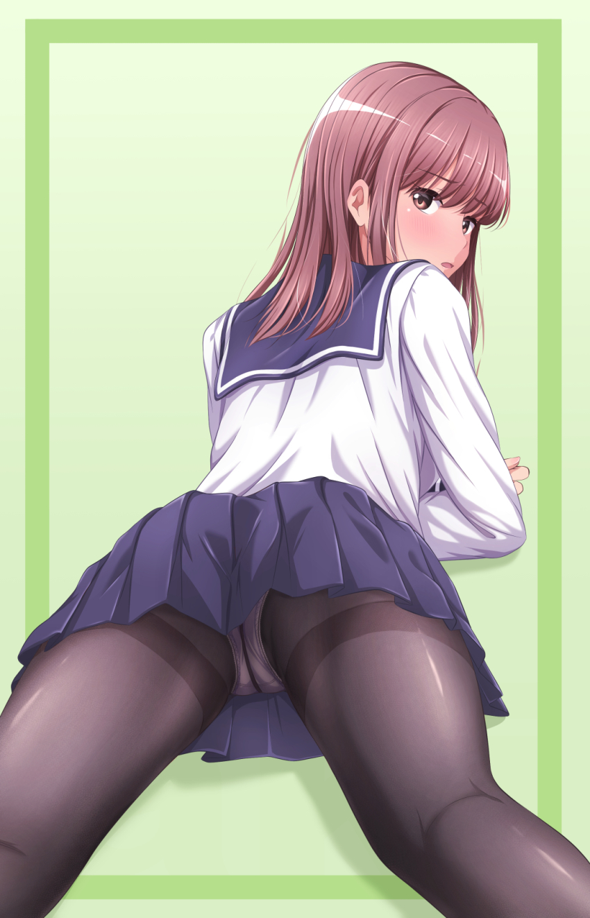 1girl akippoi_0919 blue_sailor_collar blue_skirt border brown_eyes brown_hair commentary_request crotch_seam from_behind green_background green_border highres long_hair long_sleeves looking_at_viewer looking_back lying miniskirt on_stomach original outside_border panties panties_under_pantyhose pantyhose pantyshot parted_lips pleated_skirt sailor_collar school_uniform serafuku shirt sidelocks simple_background skirt solo spread_legs straight_hair thighband_pantyhose thighs turning_head underwear variant_set white_panties white_shirt