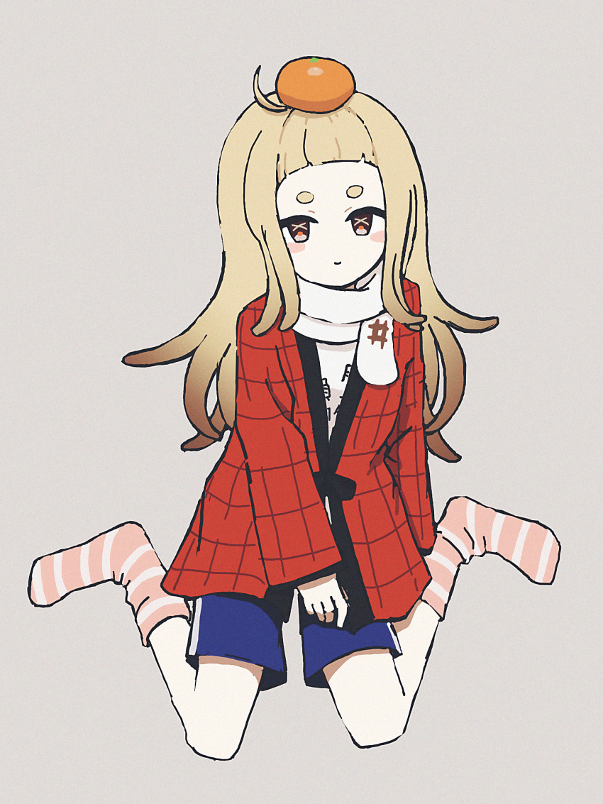 1girl black_eyes blonde_hair blue_shorts blush brown_hair closed_mouth cowlick food food_on_head forehead fruit fruit_on_head full_body gradient_hair grey_background grid_print highres legs_apart long_hair long_sleeves looking_at_viewer multicolored_hair nkymyura no_shoes object_on_head orange_(fruit) pink_socks red_robe robe saigou_r_irori sana_channel scarf shirt short_bangs shorts sidelocks simple_background sitting smile socks solo striped_clothes striped_socks symbol-shaped_pupils wariza white_scarf white_shirt x-shaped_pupils