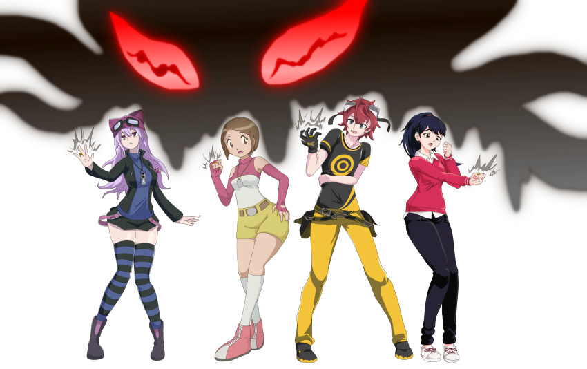 absurdres aiba_takumi black_hair dagomon digimon digimon_(creature) digimon_adventure_02 digimon_story:_cyber_sleuth digimon_story:_sunburst_and_moonlight digimon_survive goggles goggles_on_head highres sayo_(digimon) shibuya_aoi skirt yagami_hikari