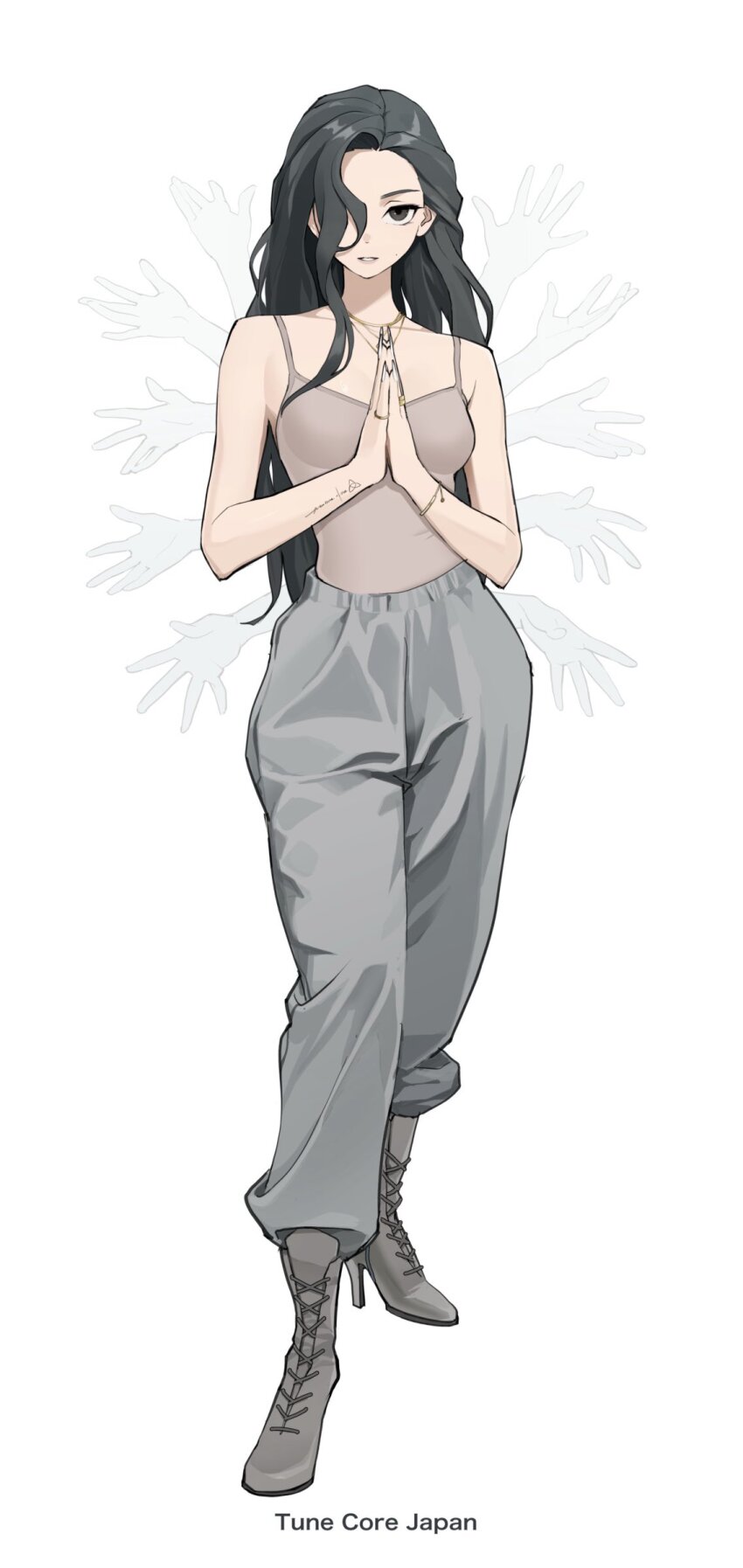 1girl absurdres black_hair boots grey_pants hair_over_one_eye high_heel_boots high_heels highres jewelry kimura_731 lace-up_boots looking_at_viewer loose_clothes loose_pants necklace original pants simple_background solo tank_top tight_clothes wavy_hair white_background