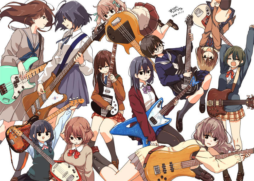6+girls 6-string_bass_guitar :d :o ;) aqua_ribbon arm_up arms_between_legs arms_up bare_legs bass_guitar black_eyes black_hair black_pantyhose black_shoes black_skirt blonde_hair blue_cardigan blue_neckerchief blue_necktie blue_ribbon blue_shirt blue_skirt bow bowtie braid breasts brown_cardigan brown_eyes brown_hair brown_shoes brown_skirt brown_sweater cardigan check_commentary collared_shirt commentary_request contrapposto dress_shirt expressionless extended_range_bass_guitar face-to-face fender_mustang_bass fender_precision_bass gibson_thunderbird grey_serafuku grey_skirt grey_sweater_vest guitar_strap hair_between_eyes hair_ribbon hand_up hands_up highres instrument invisible_chair jacket kneehighs knees_together_feet_apart large_breasts loafers long_hair long_sleeves looking_at_another looking_at_viewer low_twin_braids lying mary_janes matsuda_hikari medium_breasts medium_hair medium_skirt miniskirt multiple_girls music_man_bongo nape_braid neck_ribbon neckerchief necktie one_eye_closed open_mouth orange_skirt original pantyhose peeking_out pink_ribbon plaid_clothes plaid_skirt pleated_skirt profile purple_bow purple_bowtie red_bow red_bowtie red_cardigan red_jacket red_ribbon red_skirt ribbon rickenbacker_4001 sanpaku school_uniform serafuku shirt shoes sitting skirt small_breasts smile socks spector_ns standing stretching suit_jacket sweater sweater_vest twin_braids twintails upside-down white_background white_neckerchief white_shirt yamaha_attitude yellow_sweater yokozuwari