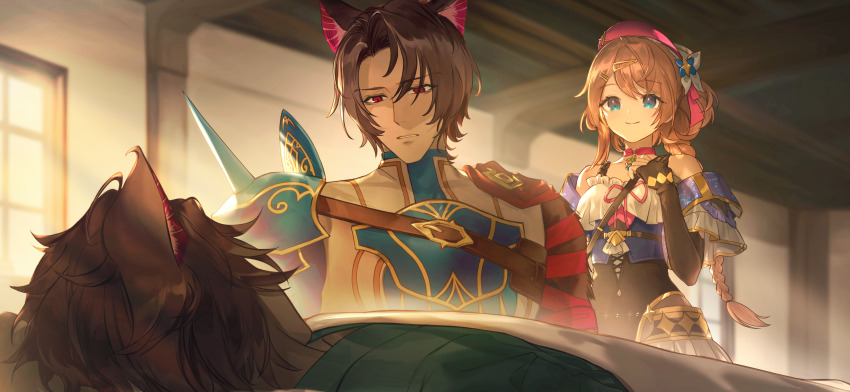 1girl 2boys absurdres animal_ears armor atelier_(series) atelier_resleriana blue_eyes braid breastplate brown_hair cat_ears ceiling choker closed_mouth game_cg geron_diesel hair_between_eyes hair_ornament hairclip hand_up highres indoors long_hair multiple_boys noco_(adamas) non-web_source official_art parted_lips pink_choker pink_eyes resna_sternenlicht short_hair shoulder_armor smile sunlight umiu_geso upper_body window