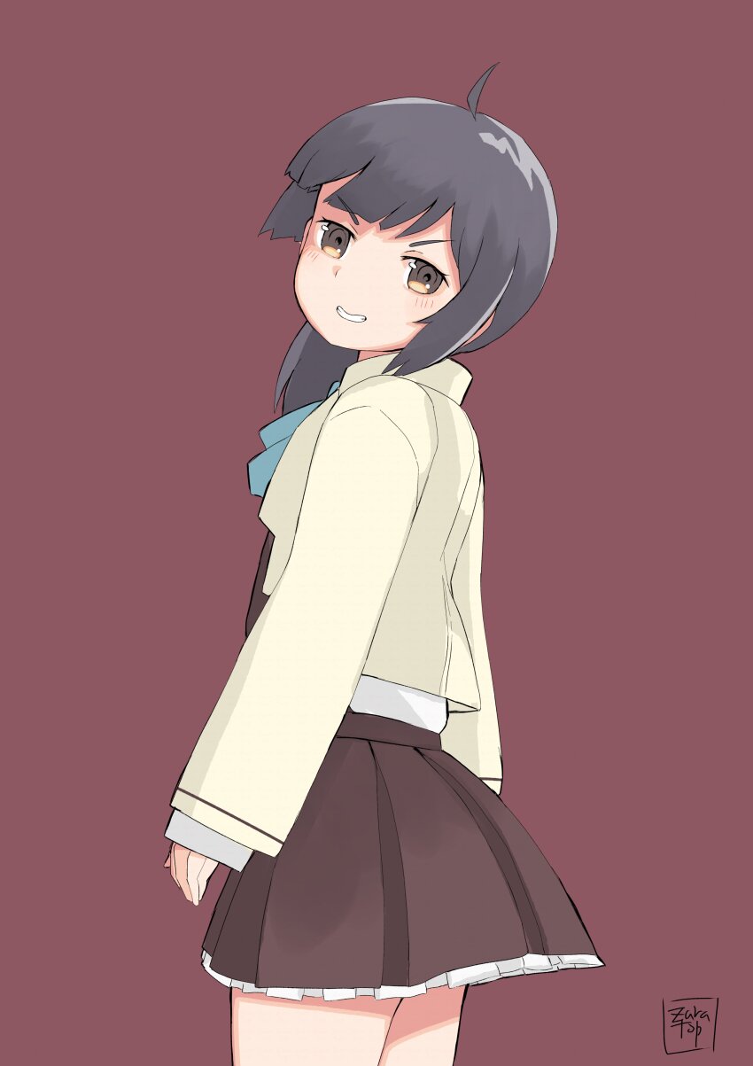 1girl absurdres ahoge artist_logo black_hair blazer bow bowtie brown_background brown_dress brown_eyes cowboy_shot cut_bangs dress from_behind fujinami_(kancolle) fujinami_kai_ni_(kancolle) halter_dress halterneck highres jacket kantai_collection logo long_hair long_sleeves looking_at_viewer looking_back one-hour_drawing_challenge side_ponytail solo standing toplow white_jacket
