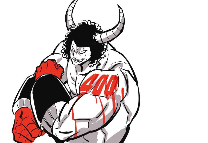 1boy absurdres afro arm_guards broad_shoulders buffaloman clenched_hands grin highres horns kinnikuman looking_at_viewer male_focus medium_hair muscular muscular_male simple_background smile sushio white_background