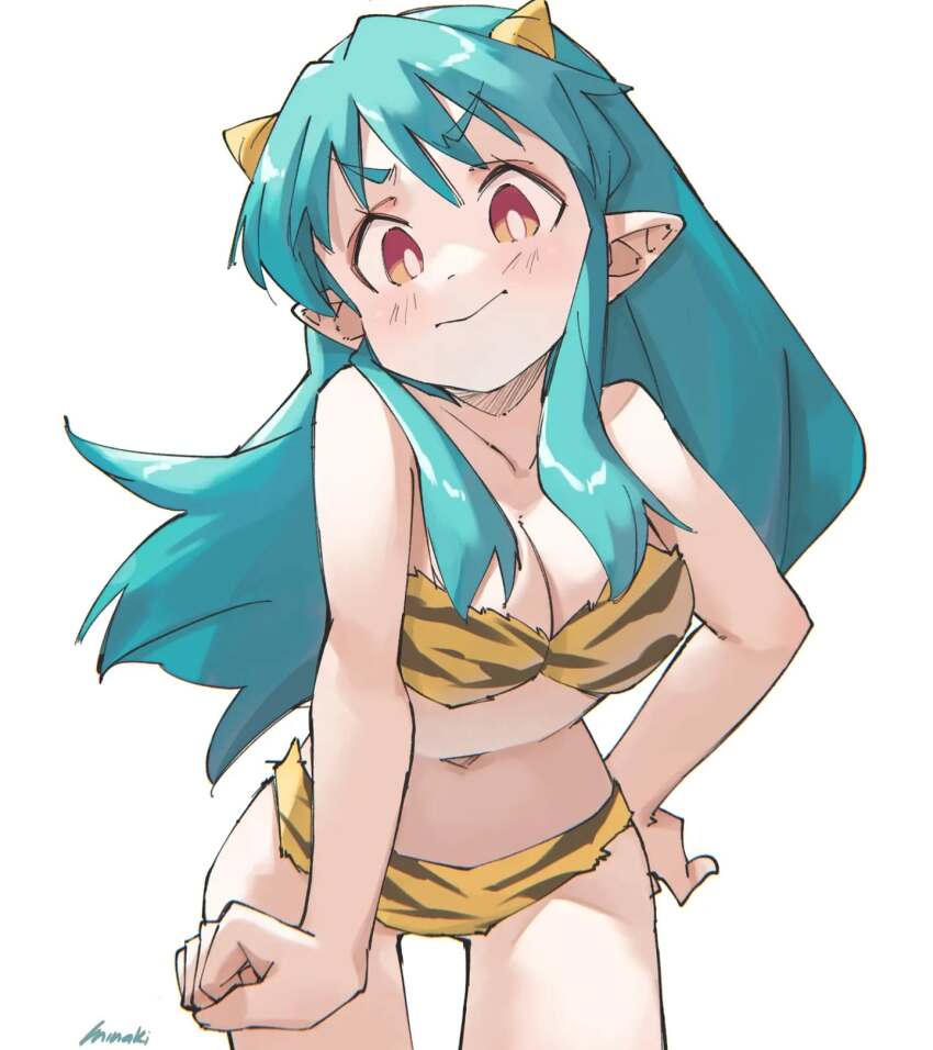 1girl animal_print aqua_hair bikini breasts cleavage clenched_hand collarbone commentary cone_horns english_commentary frown hand_on_own_hip highres horns long_hair looking_at_viewer lum minaki_aru navel orange_eyes pointy_ears print_bikini signature simple_background solo swimsuit tiger_print urusei_yatsura v-shaped_eyebrows white_background