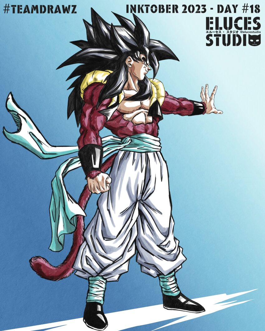 1boy absurdres alternate_hair_color black_hair blue_sash body_fur dougi dragon_ball dragon_ball_gt elucestudio gogeta highres long_hair male_focus metamoran_vest monkey_boy monkey_tail muscular muscular_male open_mouth pants pectorals red_fur saiyan sash smile solo spiked_hair super_saiyan super_saiyan_4 tail