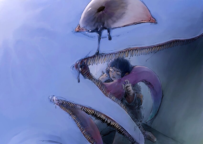 1other armband armor bloodshot_eyes blue_armor blue_hair ecstasy_(e.g.o) employee_(project_moon) extra_mouth hand_up highres lobotomy_corporation nugget_(project_moon) open_mouth orange_armband project_moon short_hair sweat the_dreaming_current tongue tongue_out trembling wide-eyed yatsumeunagi