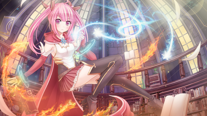 1girl ahoge amelia_estelle belt black_boots black_thighhighs book bookshelf boots bow bracelet cape clasp commentary crystalline dome elbow_gloves female_focus fingerless_gloves fire floating flying_paper frilled_skirt frills gloves glowing hair_bow highres ice jewelry ladder long_hair magic paper pink_eyes pink_hair plant potted_plant railing red_cape skirt snowflakes solo sunimu thigh_boots thighhighs twintails window zettai_ryouiki
