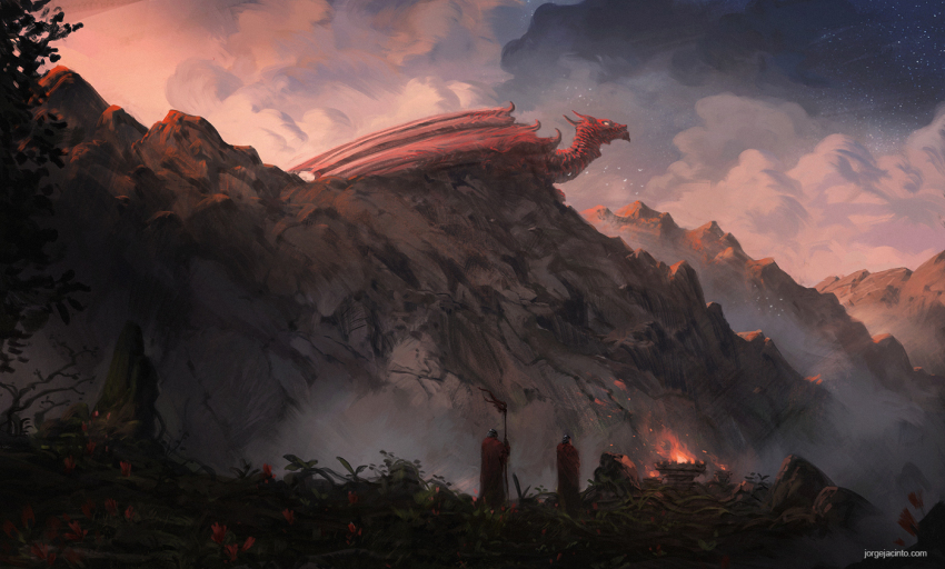 2others brazier cape cloud cloudy_sky commentary dragon english_commentary evening fantasy fire flag flower fog holding holding_flag jjcanvas landscape mountainous_horizon multiple_others orange_sky original outdoors painterly photoshop_(medium) procreate_(medium) red_cape red_flower red_scales rock scales scenery sky standing star_(sky) starry_sky torn_flag western_dragon wide_shot