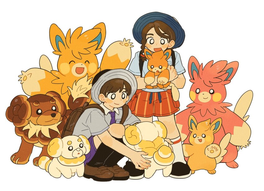0pkmn 1boy 1girl ^_^ alternate_color backpack bag black_footwear black_hat blue_hat blush braid brown_footwear brown_hair closed_eyes collared_shirt commentary_request dachsbun fidough florian_(pokemon) grey_shirt hat highres holding holding_pokemon juliana_(pokemon) kneehighs korean_commentary loafers naranja_academy_school_uniform nintendo open_mouth pawmi pawmo pawmot pokemon pokemon_(creature) pokemon_sv school_uniform shiny_pokemon shirt shoes shorts simple_background socks squatting standing uva_academy_school_uniform white_background