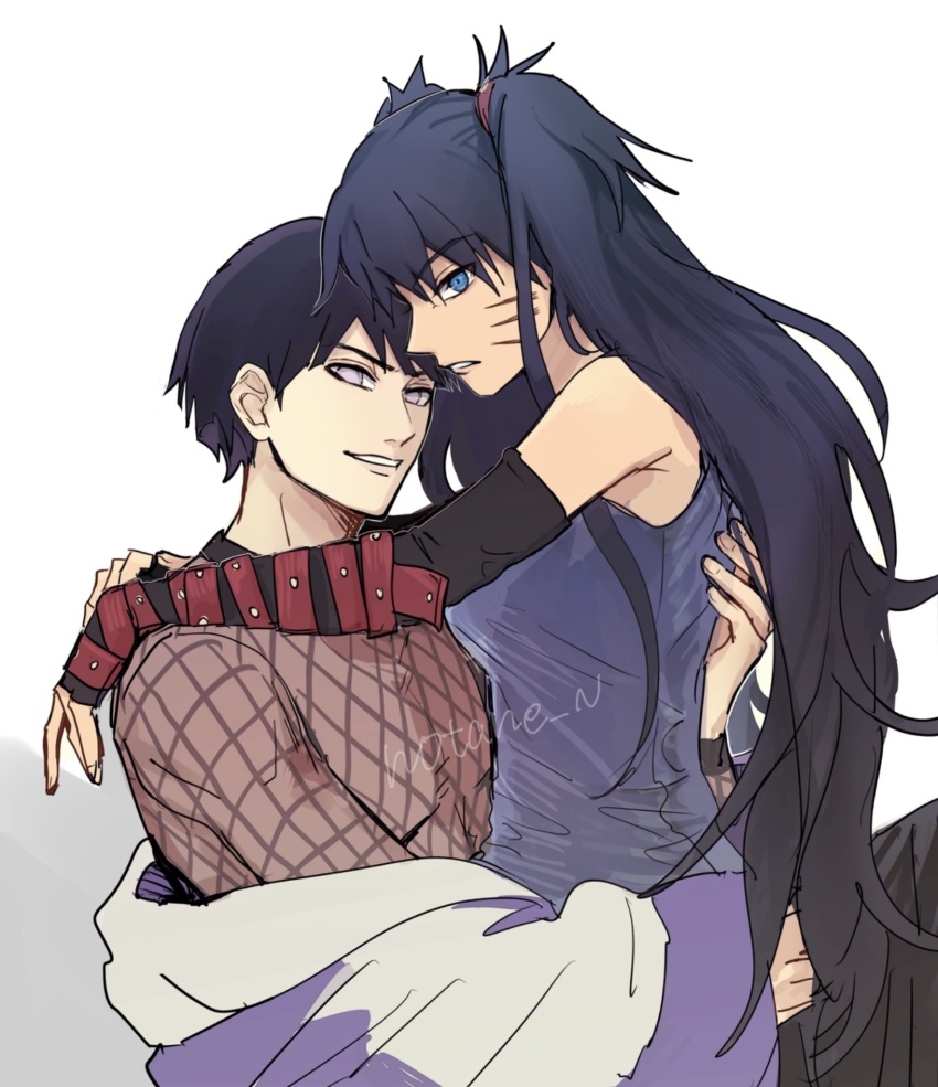 1boy 1girl artist_name black_gloves black_hair blue_eyes dress elbow_gloves fingerless_gloves fishnet_top fishnets genderswap genderswap_(ftm) genderswap_(mtf) gloves grey_background grey_eyes grin hair_ribbon highres hyuuga_hinata long_hair naruto:_road_to_ninja naruto_(series) naruto_shippuuden notane_n purple_dress ribbon short_hair simple_background sitting smile teeth uzumaki_menma