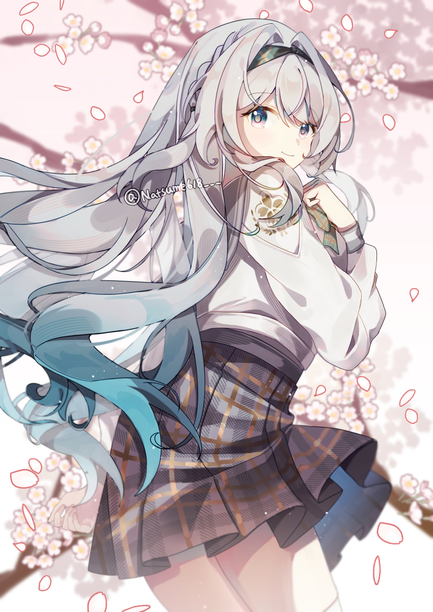 1girl absurdres black_hairband blush bow breasts checkered_bow checkered_clothes closed_mouth falling_petals firefly_(honkai:_star_rail) firefly_(spring_missive)_(honkai:_star_rail) gradient_hair green_bow grey_hair grey_shirt hair_between_eyes hair_intakes hair_ornament hairband hand_on_own_chest highres honkai:_star_rail honkai_(series) long_hair long_sleeves looking_at_viewer looking_back medium_breasts multicolored_hair natsume618 official_alternate_costume petals pink_eyes school_uniform shirt smile solo thighhighs twitter_username white_shirt white_thighhighs