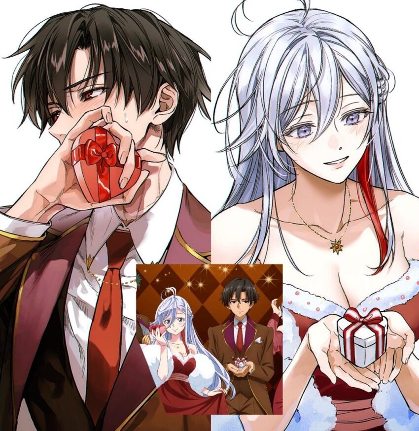 1boy 1girl 86_-eightysix- black_hair blush box couple dress formal_clothes gift gift_box grey_eyes m_m_pb red_eyes shinei_nouzen simple_background suit valentine vladilena_millize white_background white_hair