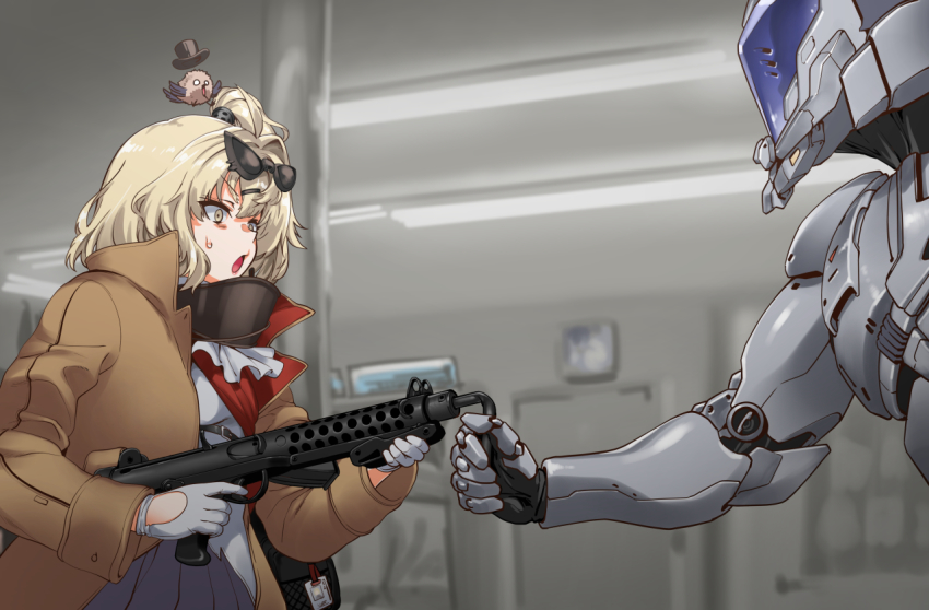 1girl 1other animal animal_on_head bent_barrel bird bird_on_head blonde_hair brown_jacket cowboy_shot curly_hair eyewear_on_head fluorescent_lamp frilled_skirt frills from_side girls&#039;_frontline gloves gun hair_ornament hairclip helmet henshako holding holding_weapon id_card jacket mechanical_arms o_o on_head open_clothes open_jacket parody robocop robocop_1 side_ponytail skirt sterling_(girls&#039;_frontline) sterling_smg sterling_submachine_gun strelet_(girls&#039;_frontline) submachine_gun sunglasses sweatdrop weapon white_gloves yellow_eyes