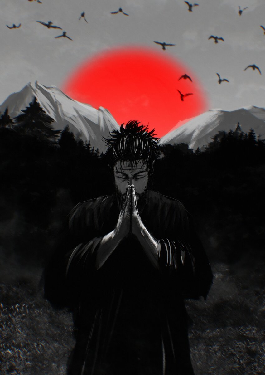 1boy absurdres bird black_hair closed_eyes crain1art highres male_focus meditation miyamoto_musashi_(vagabond) short_hair sun vagabond