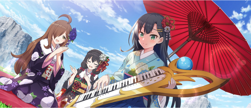 3girls black_hair black_kimono blue_kimono breasts brown_hair game_cg hair_ornament hairclip highres instrument japanese_clothes keyboard_(instrument) kimono kono_subarashii_sekai_ni_shukufuku_wo! konosuba!_fantastic_days lia_(konosuba) light_blush long_hair medium_breasts multiple_girls official_art oil-paper_umbrella outdoors purple_kimono red_ribbon ribbon seiza sitting umbrella wiz_(konosuba) yellow_eyes yunyun_(konosuba)