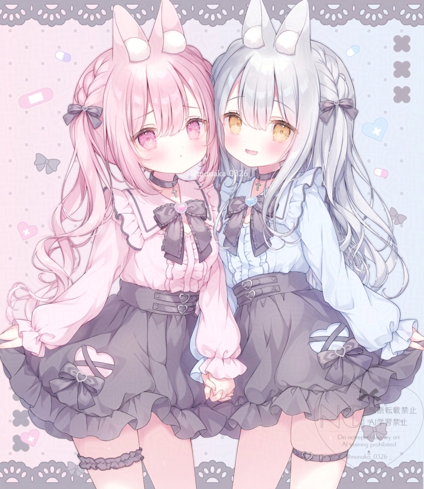 2girls :d :t animal_ear_fluff animal_ears belt black_belt black_bow black_bowtie black_skirt blue_background blue_hair blue_shirt blush border bow bowtie braid breasts brooch center-flap_bangs center_frills choker color_contrast commentary_request cowboy_shot cross cross_choker double-parted_bangs frilled_shirt frilled_shirt_collar frilled_skirt frilled_sleeves frilled_thigh_strap frills hair_between_eyes hair_over_shoulder heart heart_belt_buckle heart_brooch highres holding_hands jewelry jirai_kei lace lace_border latin_cross long_hair looking_at_viewer miniskirt multiple_girls omochi_monaka open_mouth original ornate_border pink_background pink_bandaid pink_eyes pink_hair pink_shirt pout puritan_collar rabbit_ears rabbit_girl shirt shirt_tucked_in side-by-side side_braid sidelocks single_braid skindentation skirt skirt_hold small_breasts smile symmetrical_pose thigh_strap twitter_username two-tone_background watermark wavy_hair yellow_eyes