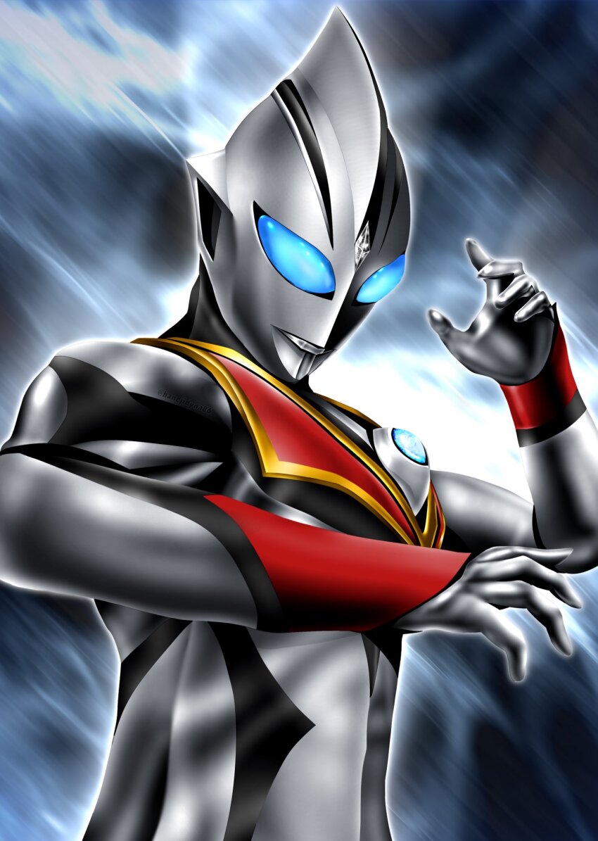 1boy alien arm_guards armor black_background black_skin blue_background blue_eyes blurry blurry_background breastplate color_timer colored_skin colorful_background commentary compound_eyes crystal doppelganger dorsal_fin evil_tiga facial_mark fighting_stance forehead_jewel glowing glowing_eyes hand_up hanejidyna86 highres lightning_background looking_down male_focus multicolored_skin muscular muscular_male pectorals silver_skin solo spread_fingers tokusatsu tsurime twitter_username ultra_series ultraman_tiga_(series) upper_body wrinkled_skin
