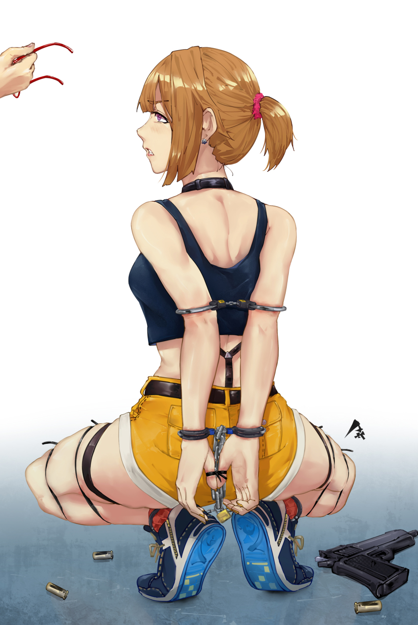.50_action-express 1girl absurdres action_arms arms_behind_back bdsm blue_footwear bondage bound breasts shell_casing chain choker commercial_cartridge commission cuffs earrings from_behind full_body girls&#039;_frontline grizzly_mkv_(girls&#039;_frontline) grizzly_mkv_(weekend_cop)_(girls&#039;_frontline) gun hair_ornament hair_scrunchie handcuffs handgun handgun_cartridge highres jewelry l.a.r._manufacturing lar_grizzly_win_mag lock magnum_cartridge official_alternate_costume padlock pick&#039;k pistol_cartridge ponytail purple_eyes restrained scrunchie second-party_source shell_casing short_hair short_ponytail short_shorts shorts skindentation squatting tank_top thigh_strap weapon yellow_shorts