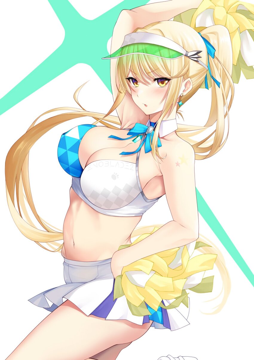 alternate_costume blue_archive breasts cheerleader cosplay daive hibiki_(blue_archive) hibiki_(blue_archive)_(cosplay) hibiki_(cheer_squad)_(blue_archive) highres large_breasts mythra_(xenoblade) xenoblade_chronicles_(series) xenoblade_chronicles_2