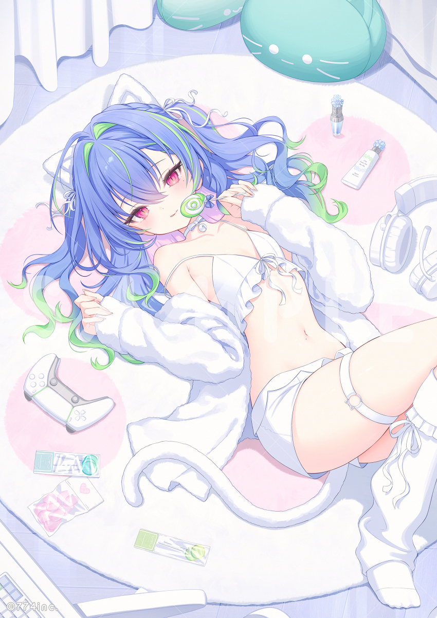 1girl absurdres animal_ears blue_hair bra breasts candy closed_mouth commentary_request controller copyright_notice fake_animal_ears fake_tail feet_out_of_frame food game_controller gradient_hair green_hair highres holding holding_candy holding_food holding_lollipop jacket leg_warmers lollipop long_hair looking_at_viewer lying multicolored_hair nanashi_inc. navel official_alternate_costume on_back panties red_eyes ribbon sample_watermark short_shorts shorts small_breasts smile snow_is socks solo stomach streaked_hair suzumi_nemo swirl_lollipop tail underwear virtual_youtuber watermark wavy_hair white_bra white_jacket white_leg_warmers white_ribbon white_shorts white_socks