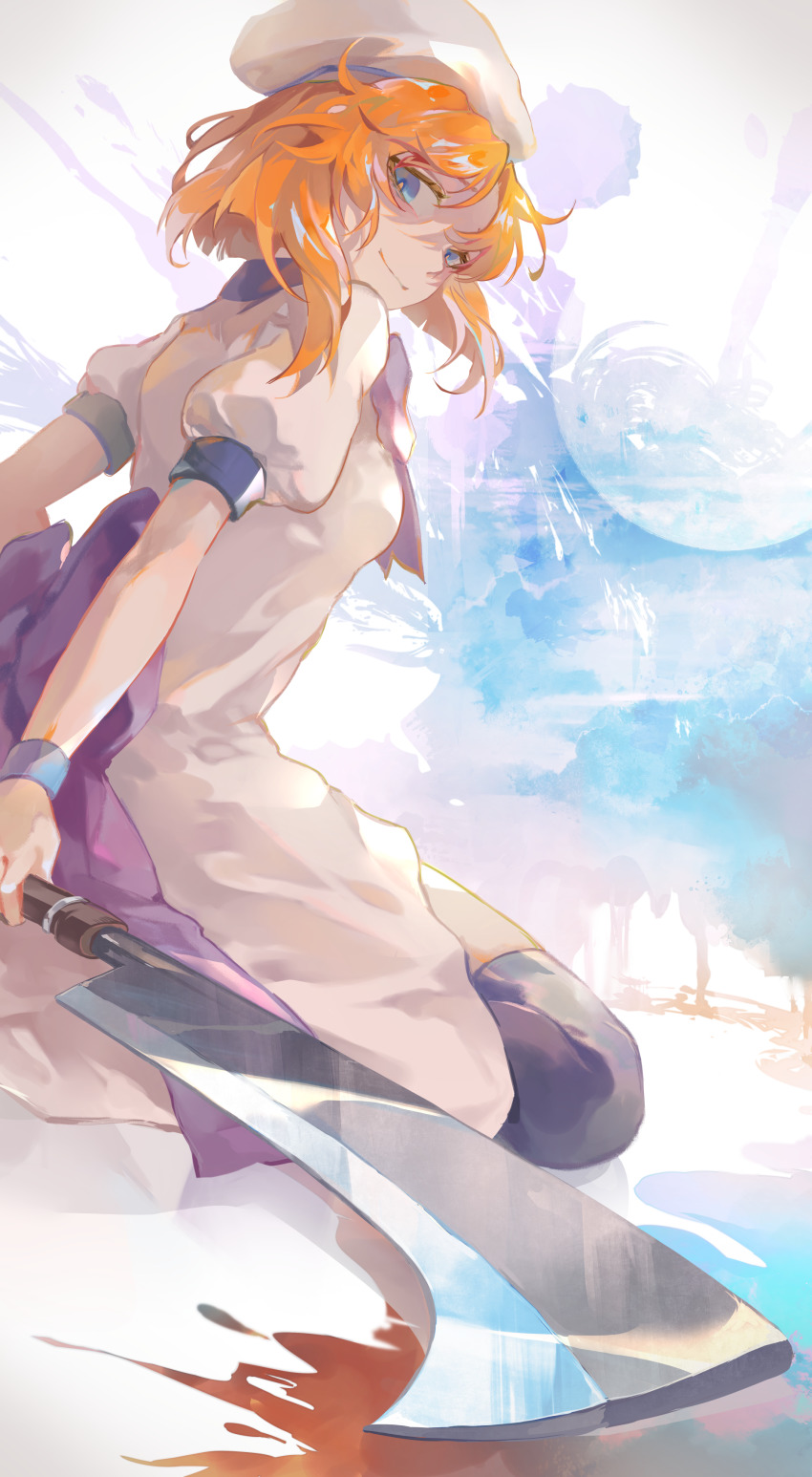 1girl absurdres blood blue_eyes bow dress hashitsuki_nata hat hatchet highres higurashi_no_naku_koro_ni kyusoukyu looking_at_viewer looking_back nata_(tool) orange_hair purple_bow ryuuguu_rena short_hair smile solo white_dress white_hat
