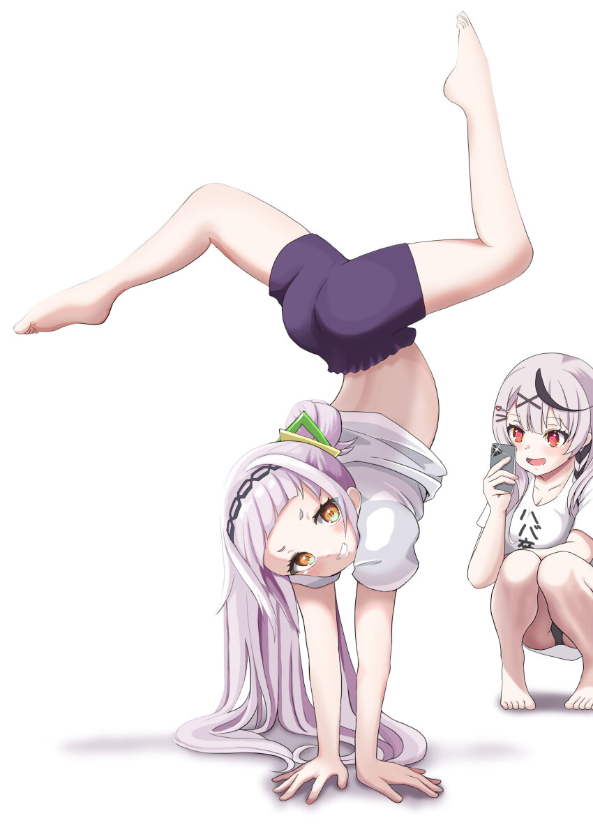 264_(user_ffyd3374) back bad_tag barefoot belly calisthenics calves exercising feet green_eyes handstand hololive hololive_gen_2 idol kusogaki legs mesugaki murasaki_shion nude_filter_request orange_eyes photographing red_eyes sakamata_chloe silver_hair stretching tagme thighs toes upskirt virtual_youtuber white_hair