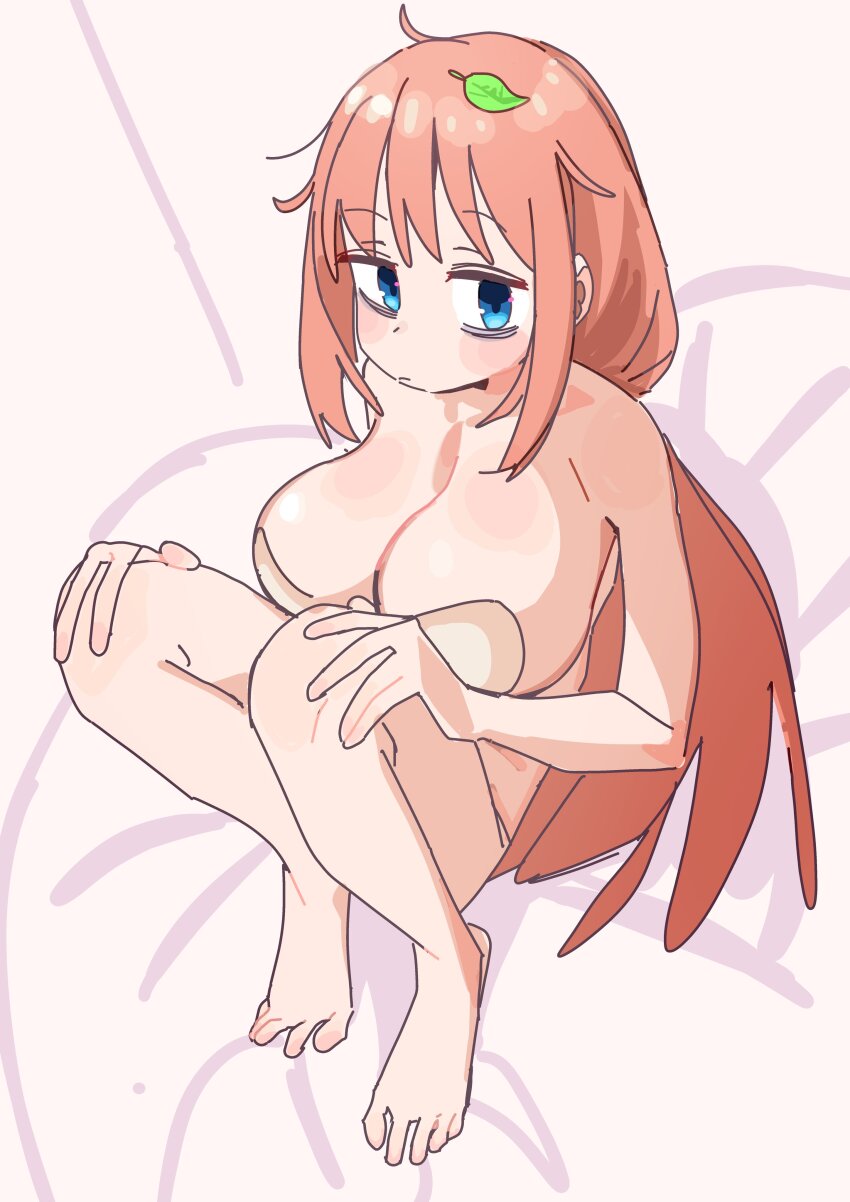 1girl absurdres blue_eyes breasts cleavage highres large_breasts leaf leaf_on_head long_hair messy_hair michinoku_komaro nude pink_hair seitokai_ni_mo_ana_wa_aru! sidelocks simple_background white_background yana_(muuimiingan)