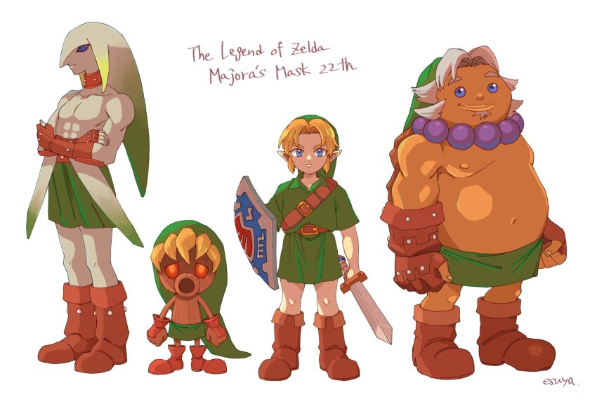 4boys deku deku_link esuyaaa12 goron goron_link green_tunic highres hylian_shield link multiple_boys nintendo pointy_ears shield the_legend_of_zelda the_legend_of_zelda:_majora&#039;s_mask tunic zora zora_link