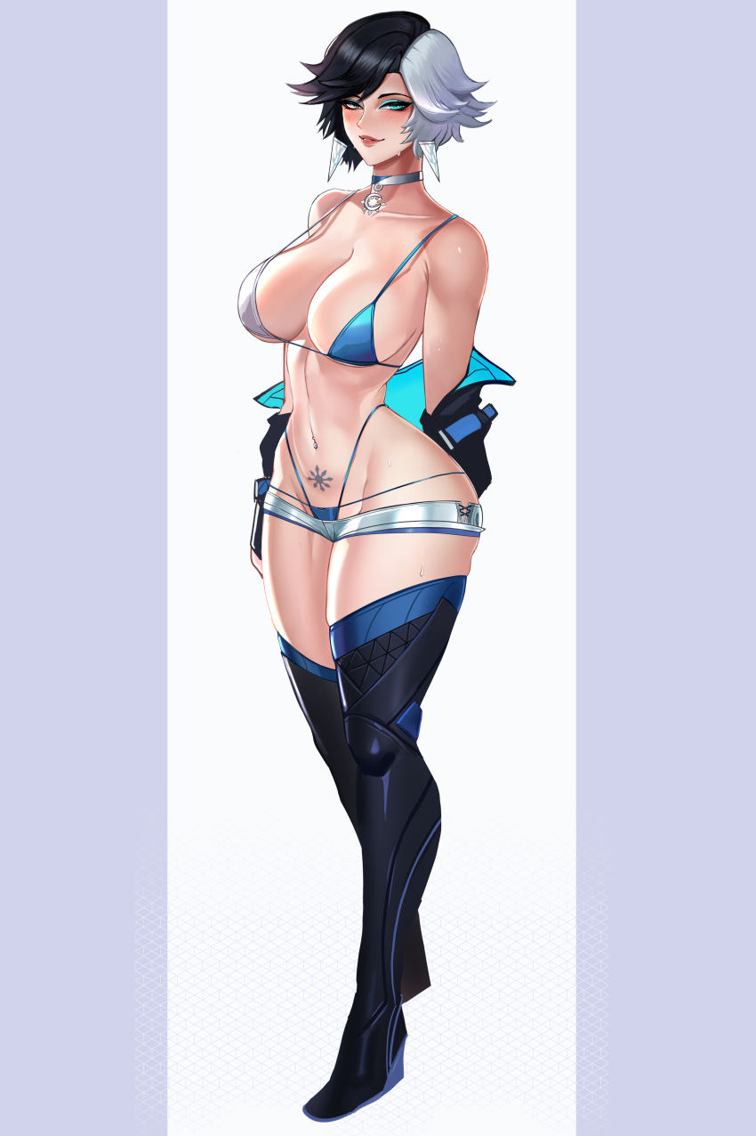 1girl absurdres badcompzero black_hair blue_eyes bra breasts choker heterochromia highres jacket looking_at_viewer luna_snow marvel marvel_rivals multicolored_hair navel short_hair smile solo split-color_hair thighhighs thong two-tone_hair underwear white_hair