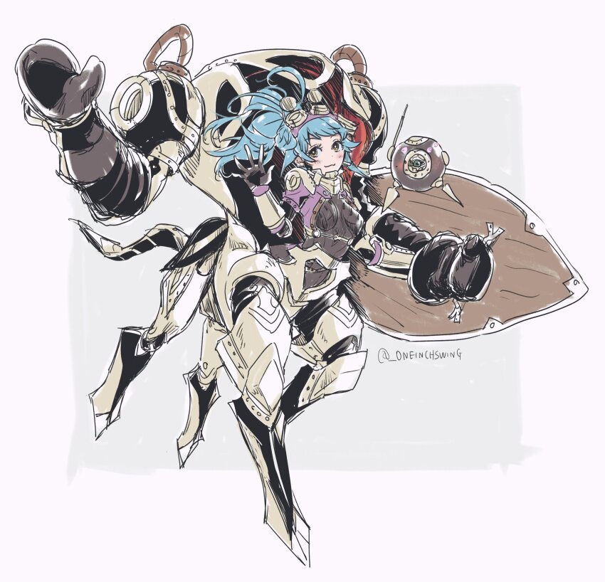 1girl blue_hair closed_mouth fire_emblem fire_emblem_heroes goggles goggles_on_head highres long_hair looking_at_viewer mecha mixed-language_commentary nintendo official_alternate_costume ponytail reginn_(dvergr_heir)_(fire_emblem) reginn_(fire_emblem) robot smile solo twitter_username umi_(_oneinchswing) waving yellow_eyes