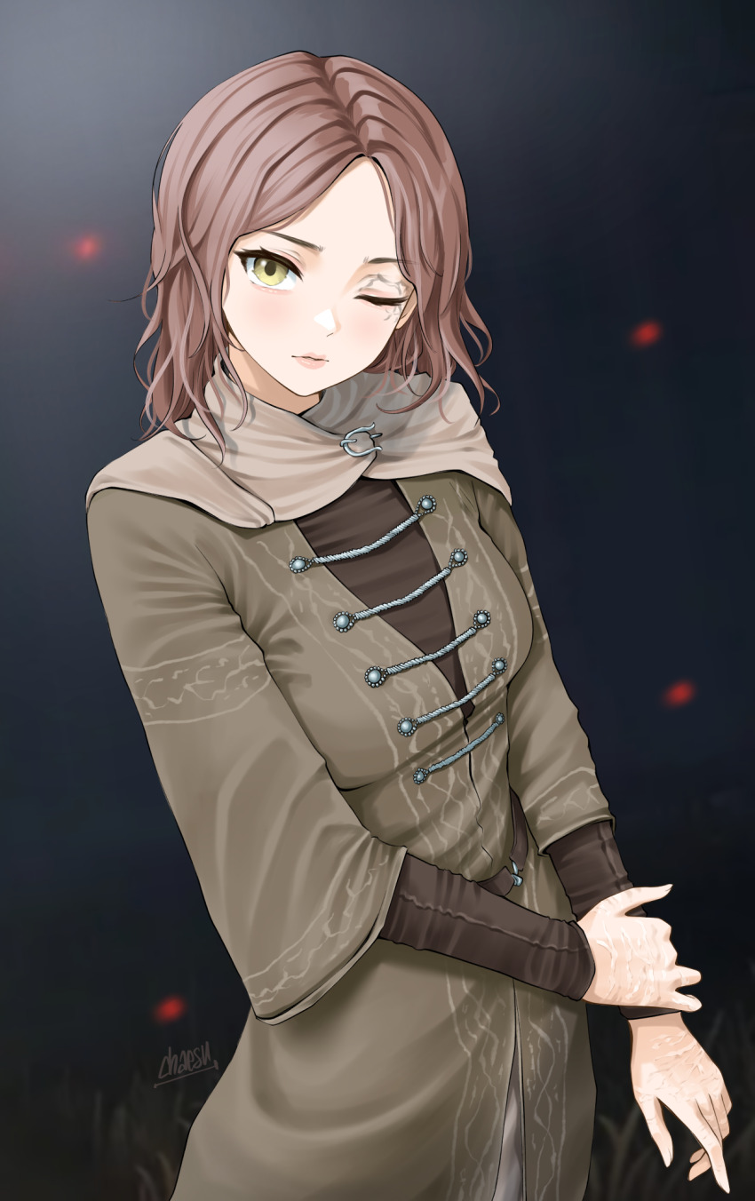 1girl blush breasts brown_hair chaesu closed_mouth commentary cowboy_shot elden_ring english_commentary eye_tattoo eyelashes grey_background highres lips long_sleeves looking_at_viewer medium_breasts medium_hair melina_(elden_ring) one_eye_closed parted_bangs signature solo yellow_eyes