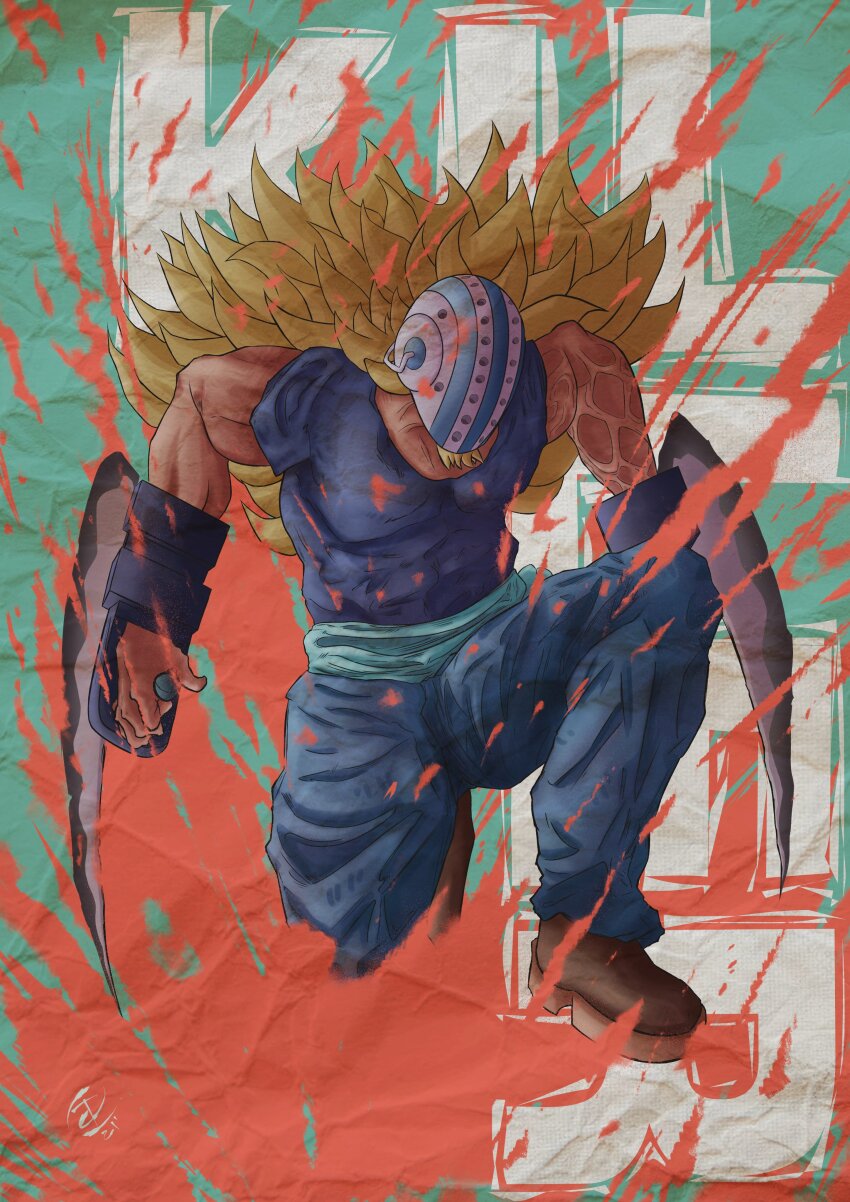 1boy absurdres blonde_hair blue_shirt chainsaw_man commentary_request costval crossover facial_hair facial_hair_through_mask full_body goatee highres hockey_mask holding holding_weapon killer_(one_piece) long_hair male_focus mask muscular muscular_male one_piece shirt solo spanish_commentary t-shirt weapon