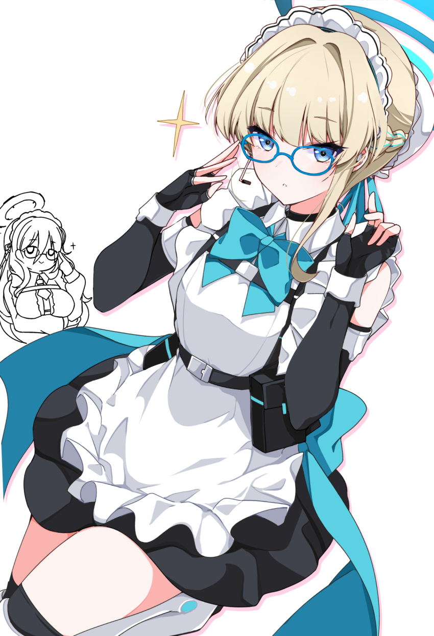 2girls apron bespectacled black_dress black_gloves blonde_hair blue_archive blue_eyes blue_ribbon blush bow bowtie braid breasts bun_cover chest_harness commentary dress earpiece fingerless_gloves french_braid glasses gloves hair_bun hair_ribbon halo harness highres juliet_sleeves long_sleeves looking_at_viewer maid_headdress multiple_girls mutou_kurihito pouch puffy_sleeves ribbon short_hair single_hair_bun small_breasts solo_focus sparkle thighs toki_(blue_archive) white_apron