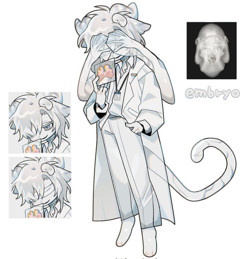 1boy adoptable bat_boy bat_wings blue_eyes coat colored_eyelashes colored_skin commentary dilnyan03 english_commentary fang full_body furry furry_male hand_in_pocket highres horns id_card lab_coat lanyard male_focus multiple_views original reference_inset shirt short_hair simple_background skin_fang slit_pupils solo standing stitched_neck stitches tail white_background white_coat white_hair white_shirt white_skin wings wings_over_eyes