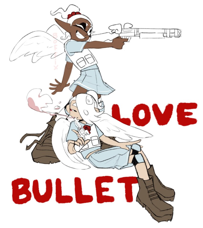 2girls alternate_hair_color angel_wings blowing_smoke boffix boots bulletproof_vest commentary copyright_name dark-skinned_female dark_skin english_commentary frye_(splatoon) grin gun hair_over_one_eye handgun highres holding holding_gun holding_weapon love-bullet multiple_girls nintendo one_eye_closed oversized_footwear parody pointy_ears ponytail rifle shiver_(splatoon) simple_background sitting skirt smile smoke smoking_barrel splatoon_(series) splatoon_3 standing weapon white_background white_hair wings