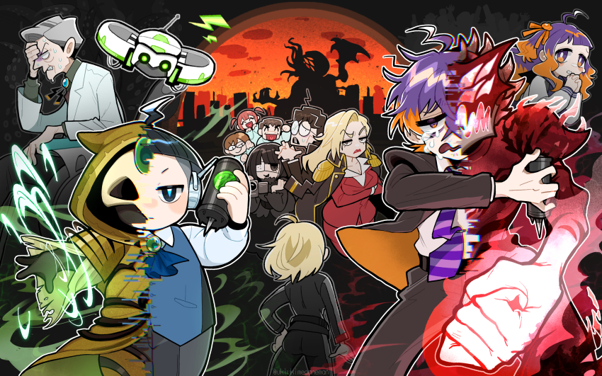 5boys 5girls ahoge armor arms_under_breasts bags_under_eyes black_coat black_eyes black_jacket black_pants black_suit blonde_hair blue_pupils blue_vest blunt_bangs bowl_cut breasts brooch call_of_cthulhu camcorder character_request clenched_hand coat coat_on_shoulders colored_tips commentary commentary_request cropped_legs crossed_arms crying crying_with_eyes_open cthulhu drone english_commentary expressionless eyepatch floating_hair formal_clothes frown fujimura_kirara fujimura_saki furrowed_brow glowing glowing_hand grey_hair grimace hand_on_own_forehead highres holding holding_syringe hood hood_up hooded_robe jacket jewelry jitome kaikou_(trpg_scenario) lab_coat large_breasts looking_at_viewer mask medical_eyepatch military_coat mitsurugi-hakase mixed-language_commentary multicolored_hair multiple_boys multiple_girls napoli_no_otokotachi necktie nervous_sweating nezumi_koushirou old old_man onosanlove open_mouth orange_eyes orange_hair own_hands_clasped own_hands_together pants powered_wheelchair purple_hair purple_necktie raised_eyebrow red_armor red_jacket red_suit robe round_eyewear sad scared school_uniform serafuku shikimitsu_(napoli_no_otokotachi) shirt short_hair silhouette skull_mask skyline spiked_helmet spoilers standing striped_necktie suit sweat syringe tears terui_asuka transformation v-shaped_eyebrows very_short_hair vest video_camera wavy_mouth wheelchair white_shirt yellow_robe