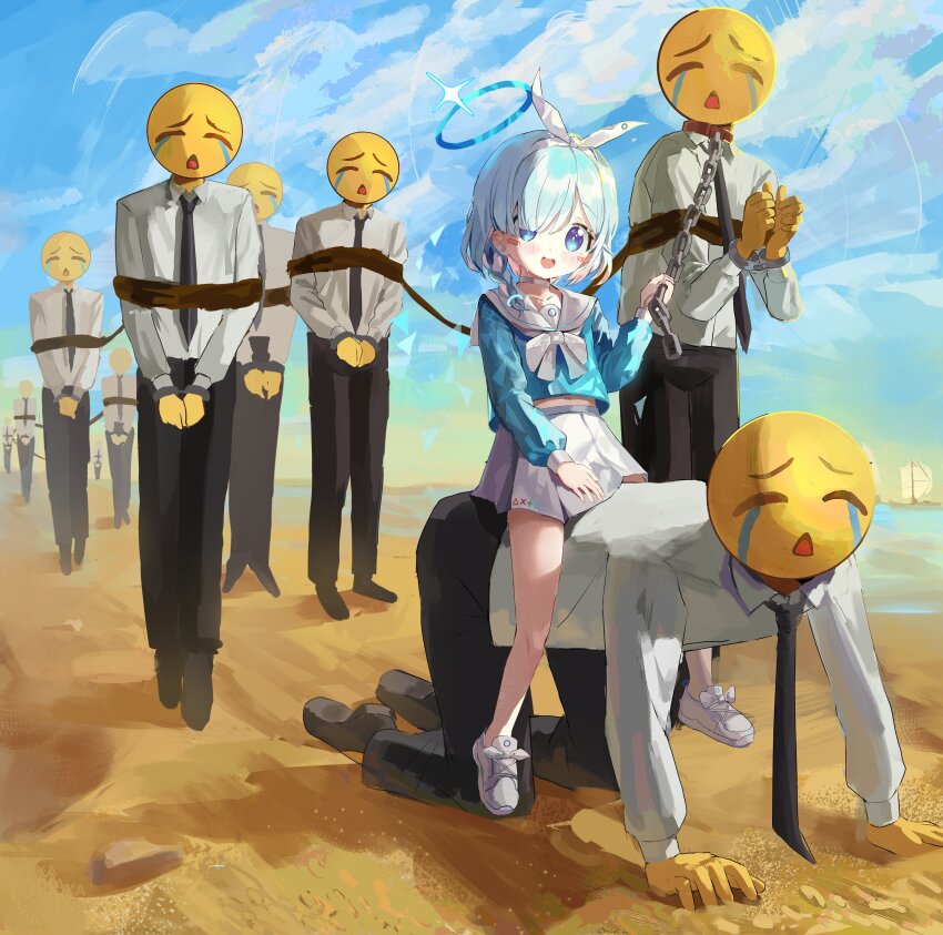 1girl 6+boys :d absurdres all_fours arona_(blue_archive) beach black_necktie black_pants blue_archive blue_eyes blue_hair blue_halo blue_shirt blue_sky blush blush_stickers bound bow bow_hairband bowtie braid chain chain_leash cloud cloudy_sky commentary crying crying_emoji cuffs day emoji english_commentary hairband halo handcuffs highres kagana_helsuki leash long_sleeves meme multicolored_hair multiple_boys necktie open_mouth outdoors pants pink_hair riding rope shirt shoes single_braid sitting sitting_on_person skirt sky smile straddling streaming_tears tears uohhhhhhhhh!_(meme) walking white_bow white_bowtie white_hairband