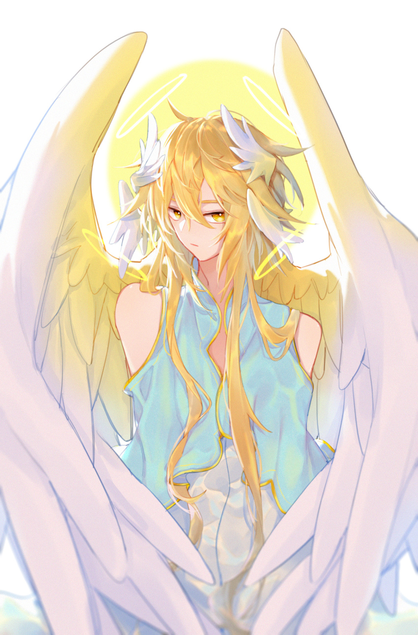 1boy :/ androgynous angel angel_wings bare_shoulders blonde_hair blue_capelet capelet chinese_commentary clothing_cutout double-parted_bangs expressionless facing_to_the_side feathered_wings hair_between_eyes hair_wings halo head_wings highres kongxian long_hair long_sidelocks looking_at_viewer male_focus multiple_halos multiple_wings original robe shoulder_cutout sidelocks sideways_glance sunburst upper_body white_background white_robe white_wings wings yellow_eyes yellow_halo
