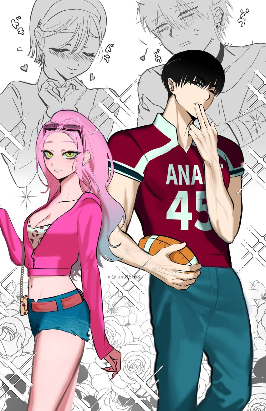 2boys 2girls alien_stage american_football american_football_uniform anger_vein animal_print bag ball belt black_eyes blue_hair blue_pants blue_shorts blush bra brown_belt chinese_commentary closed_eyes commentary_request cropped_hoodie ear_piercing earrings flower gradient_hair hairband heart heart_hands highres holding holding_ball hood hoodie ivan_(alien_stage) jersey jewelry leopard_print mizi_(alien_stage) multicolored_hair multiple_boys multiple_girls official_alternate_costume one_eye_closed pants piercing pink-framed_eyewear pink_hair pink_hoodie red_shirt rose shirt short_hair short_sleeves shorts shoulder_bag sparkle sparkling_aura sportswear sua_(alien_stage) sunglasses till_(alien_stage) tina15668 two-tone_hair underwear very_short_hair white_bra yellow_eyes