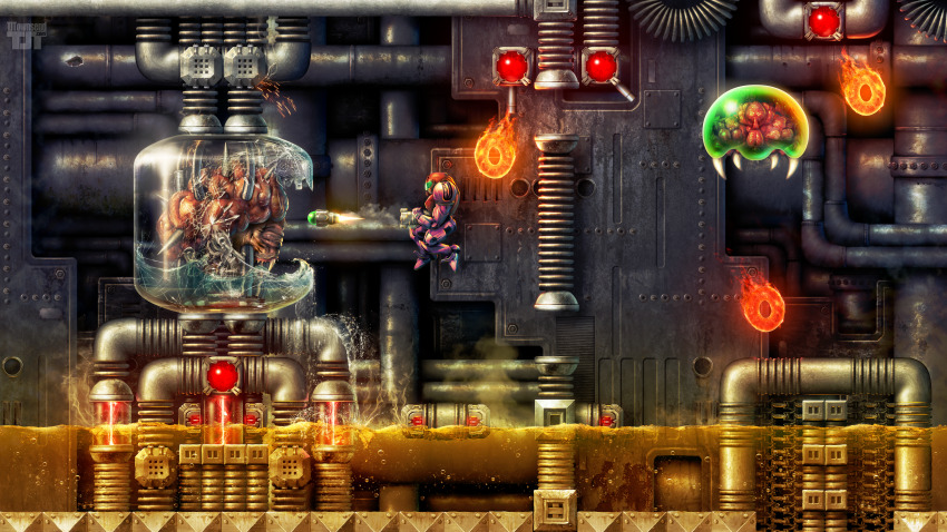 1girl absurdres acid alien arm_cannon armor artist_name boss_fight brain broken_glass bubble cable closed_eyes commentary energy_ring english_commentary fire firing from_side glass gravity_suit_(metroid) green_visor highres in-universe_location industrial_pipe jumping laser making-of_available metroid metroid_(creature) metroid_larva missile mother_brain nintendo platform purple_armor realistic samus_aran scene_reference science_fiction sharp_teeth smoke smoke_trail sparks spikes super_metroid tank_(container) teeth tj_townsend turret water watermark weapon