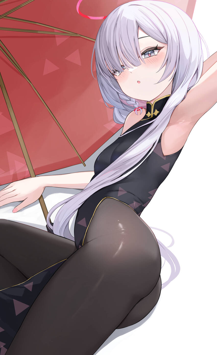 1girl :o absurdres alternate_costume arm_behind_head armpits black_dress black_pantyhose blue_archive blush braid china_dress chinese_clothes dress from_below grey_eyes hair_over_one_eye highres long_hair looking_at_viewer lying on_side open_mouth pantyhose plana_(blue_archive) plana_(qipao)_(blue_archive) red_umbrella shawn358 sidelocks single_braid sleeveless sleeveless_dress solo umbrella white_hair