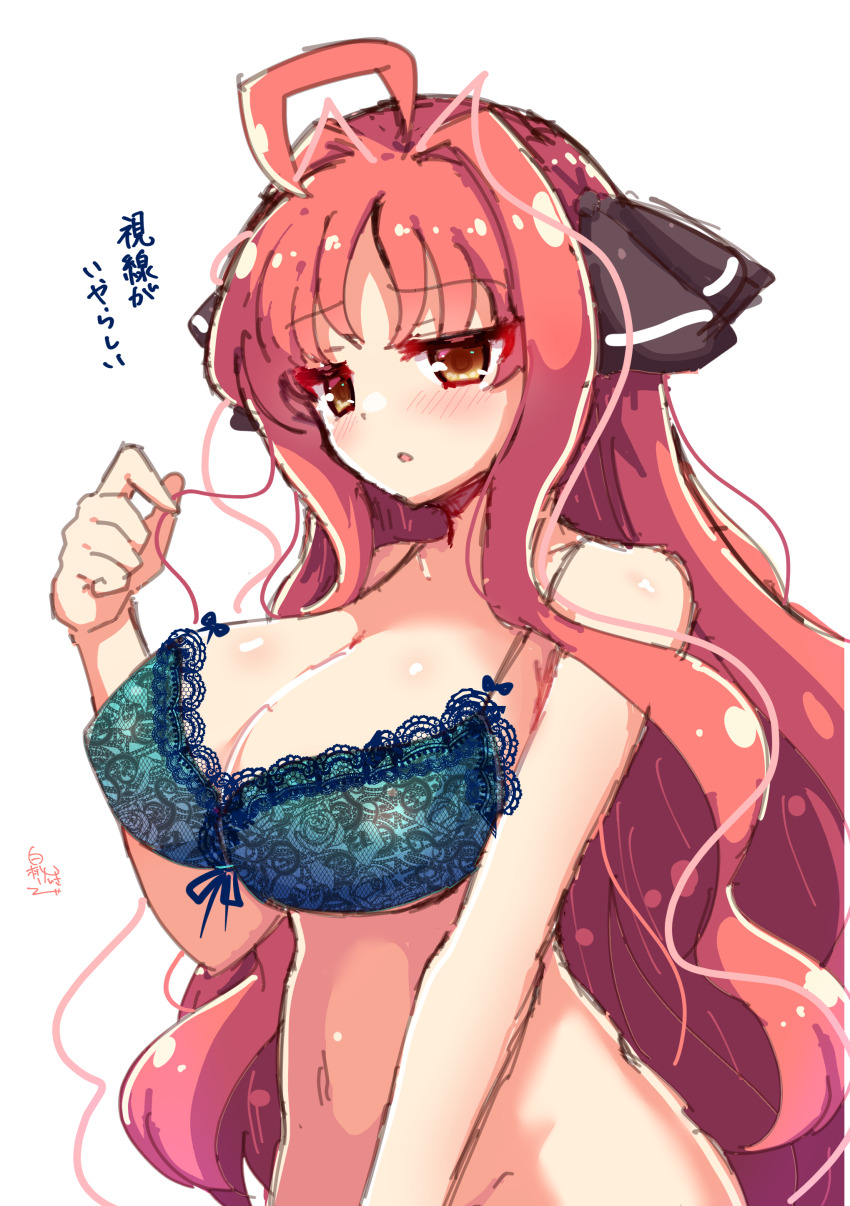 1girl absurdres ahoge bare_shoulders black_bow blue_background blush bow bra breasts cleavage commentary_request dracu-riot! floral_print floral_print_bra hair_bow hair_intakes hakutocake hand_up highres lace lace-trimmed_bra lace_trim large_breasts long_hair looking_at_viewer navel open_mouth playing_with_own_hair print_bra rose_print shy sidelocks signature simple_background sketch solo translated underwear underwear_only upper_body variant_set very_long_hair wavy_hair white_background yarai_miu yellow_eyes