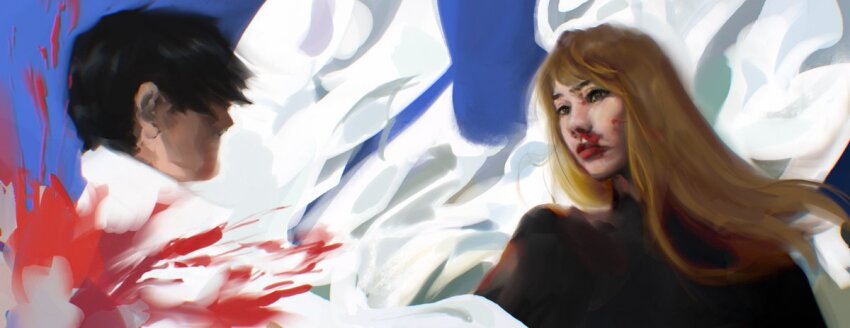 1boy 1girl black_bodysuit black_hair blonde_hair blood blood_on_face blood_splatter bodysuit coat falling green_eyes hair_over_eyes hetero implied_murder kim_dokja lipstick looking_at_another macaronijail makeup nosebleed omniscient_reader&#039;s_viewpoint reaching reaching_towards_another short_hair white_coat yoo_sangah