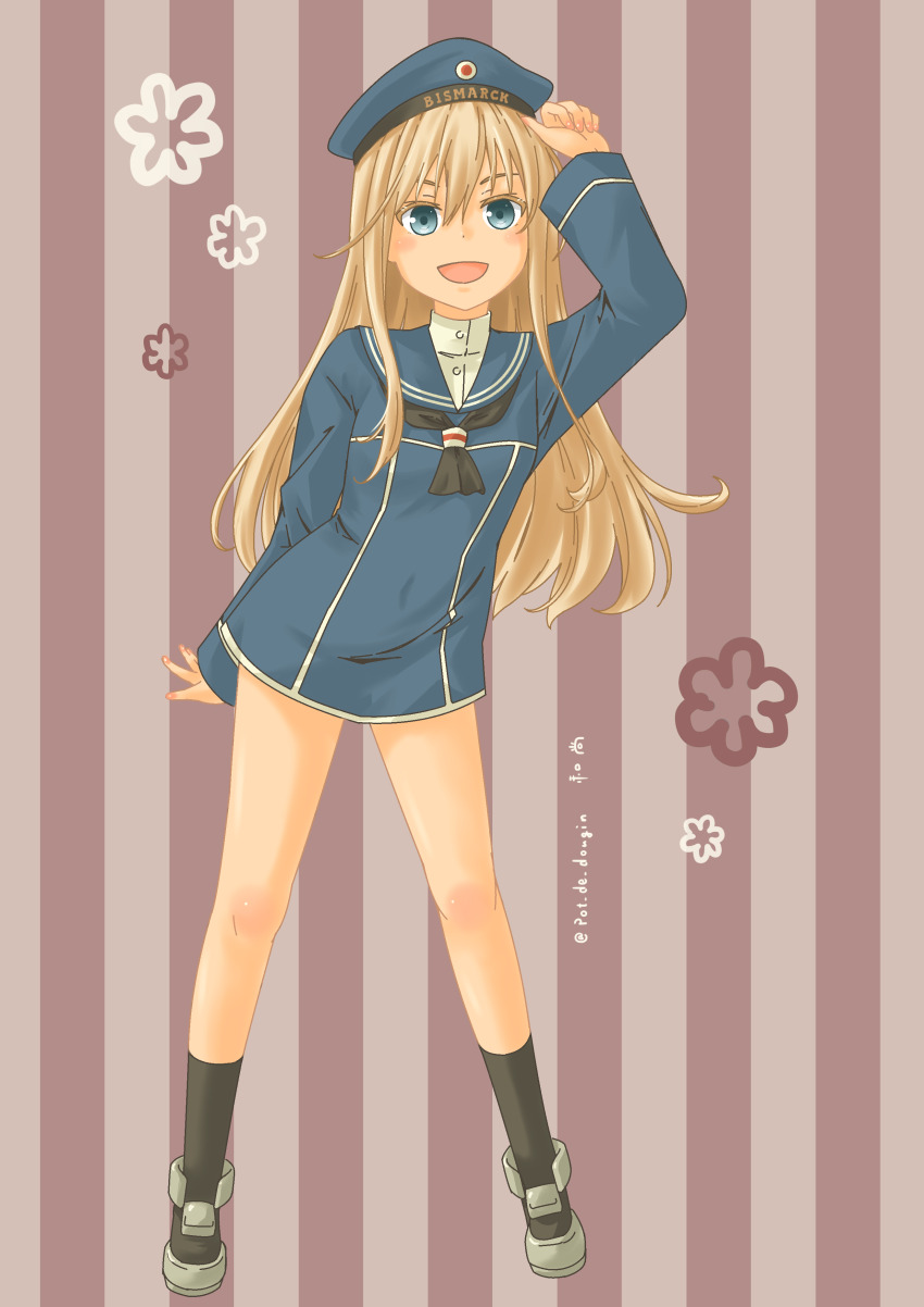 1girl absurdres aged_down bismarck_(kancolle) black_socks blonde_hair blue_eyes clothes_writing cosplay dress full_body hat highres kantai_collection long_hair long_sleeves pot-de sailor_dress sailor_hat socks solo very_long_hair z1_leberecht_maass_(kancolle) z1_leberecht_maass_(kancolle)_(cosplay)