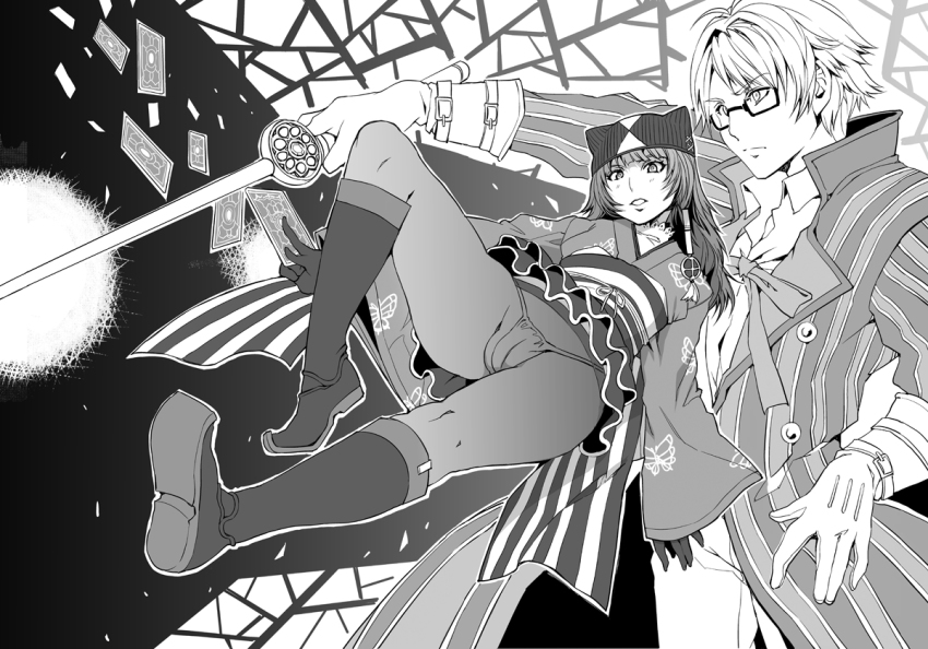 1boy 1girl boots cleft_of_venus greyscale japanese_clothes kurogami_sigma mizuryu_kei monochrome neon panties panties_under_pantyhose pantyhose pantyshot sigma_harmonics tsukiyumi_neon underwear upskirt