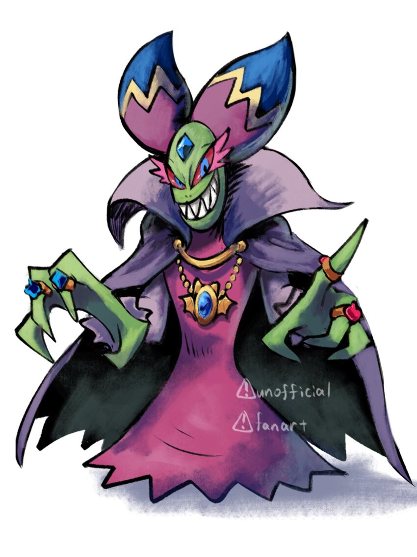 1girl blue_gemstone cackletta cape colored_skin dress forehead_jewel full_body gem green_skin grey_cape highres jewelry looking_at_viewer mari_luijiroh mario_&amp;_luigi:_superstar_saga mario_&amp;_luigi_rpg mario_(series) masanori_sato_(style) necklace nintendo pink_dress pointing ring sharp_teeth simple_background solo teeth watermark white_background